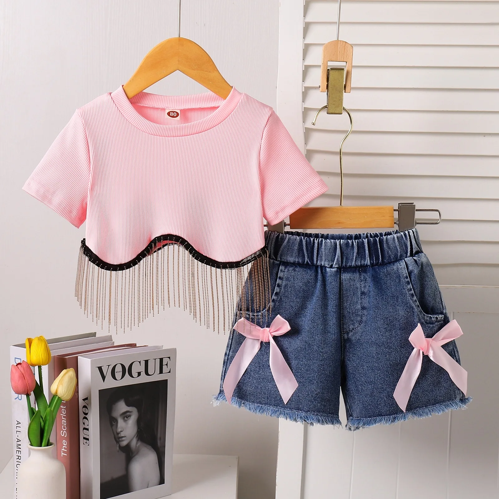 2026 Kids European American Summer Young Girls Rhinestone Fringe Short Sleeve Top Bow Denim Skirt Two Piece Set
