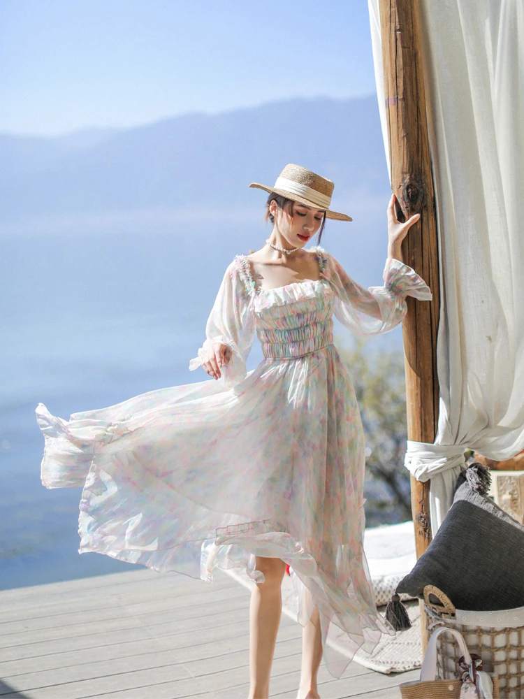 

Original Candy Color Silk Chiffon Spring Summer Long Dr Irregular Hemline Slimming Effect Print High Waist A-Line Gown