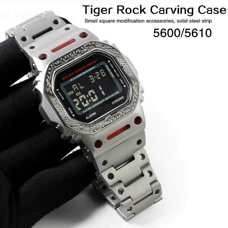 Small Square DW5600GW-M5610 Tiger Carving Mech Stainless Steel Case Strap Modified Watch Accessories