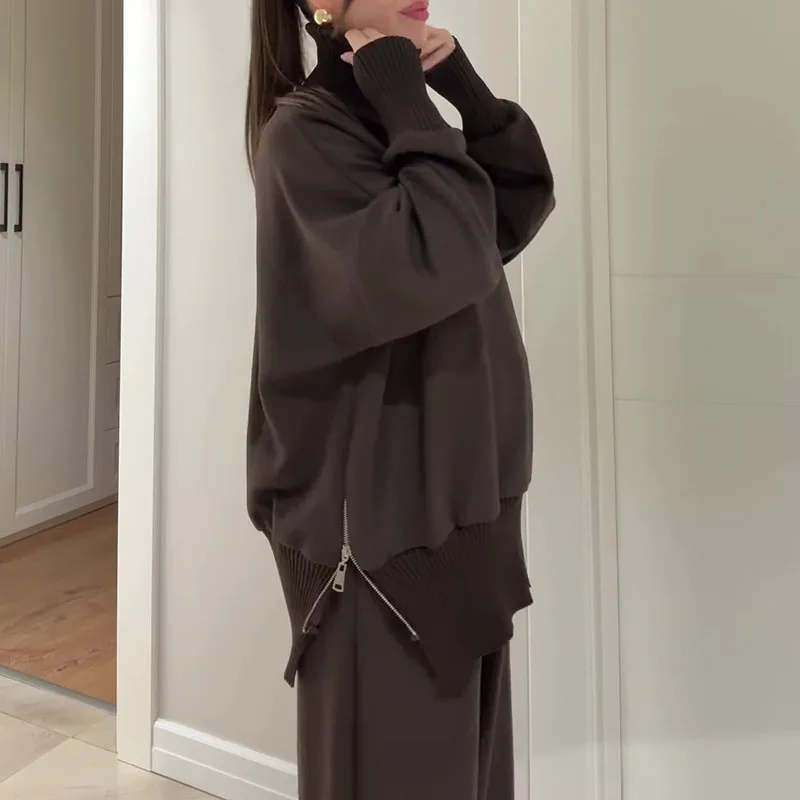 Outono inverno solto de malha duas peças conjunto simples cor sólida manga longa roupa casual feminino elegante bolso calças retas terno