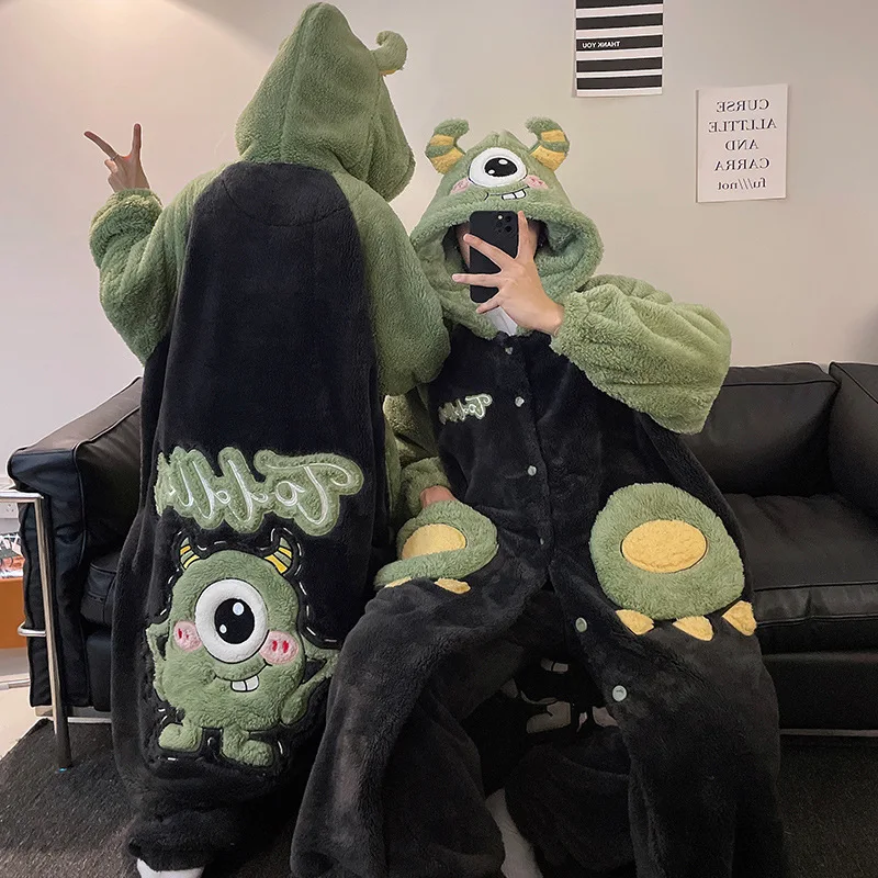 Anime ponto 2 pçs pijamas de pelúcia conjunto robe mulher inverno quente coral veludo homewear terno disney dos desenhos animados com capuz engrossar roupas de noite