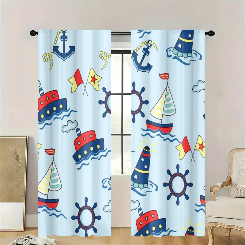 Nautical Ocean Ship Curtain Pair Coastal Sea Life Window Treatment Bathroom Kitchen Decor Light Filtering Summer Waterproof Curt