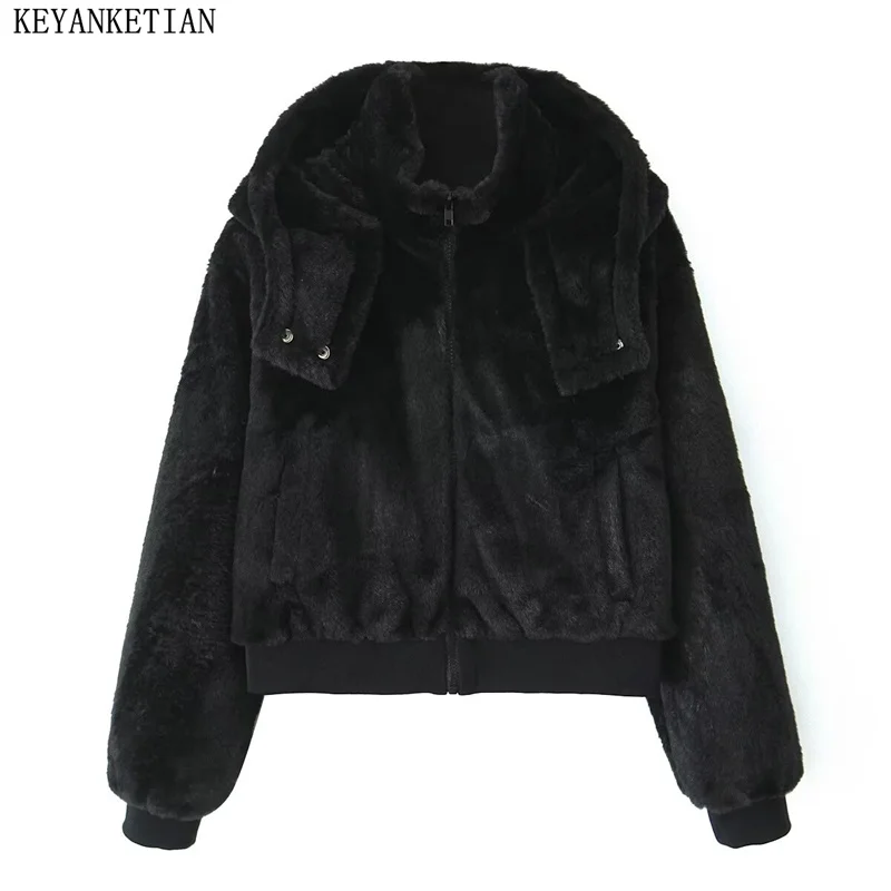 KEYANKETIAN 2024 Winter New Women's Black Faux Fur Hooded Coat Simple style Screw Thread Patchwork Zipper Loose Blazer Greatcoat