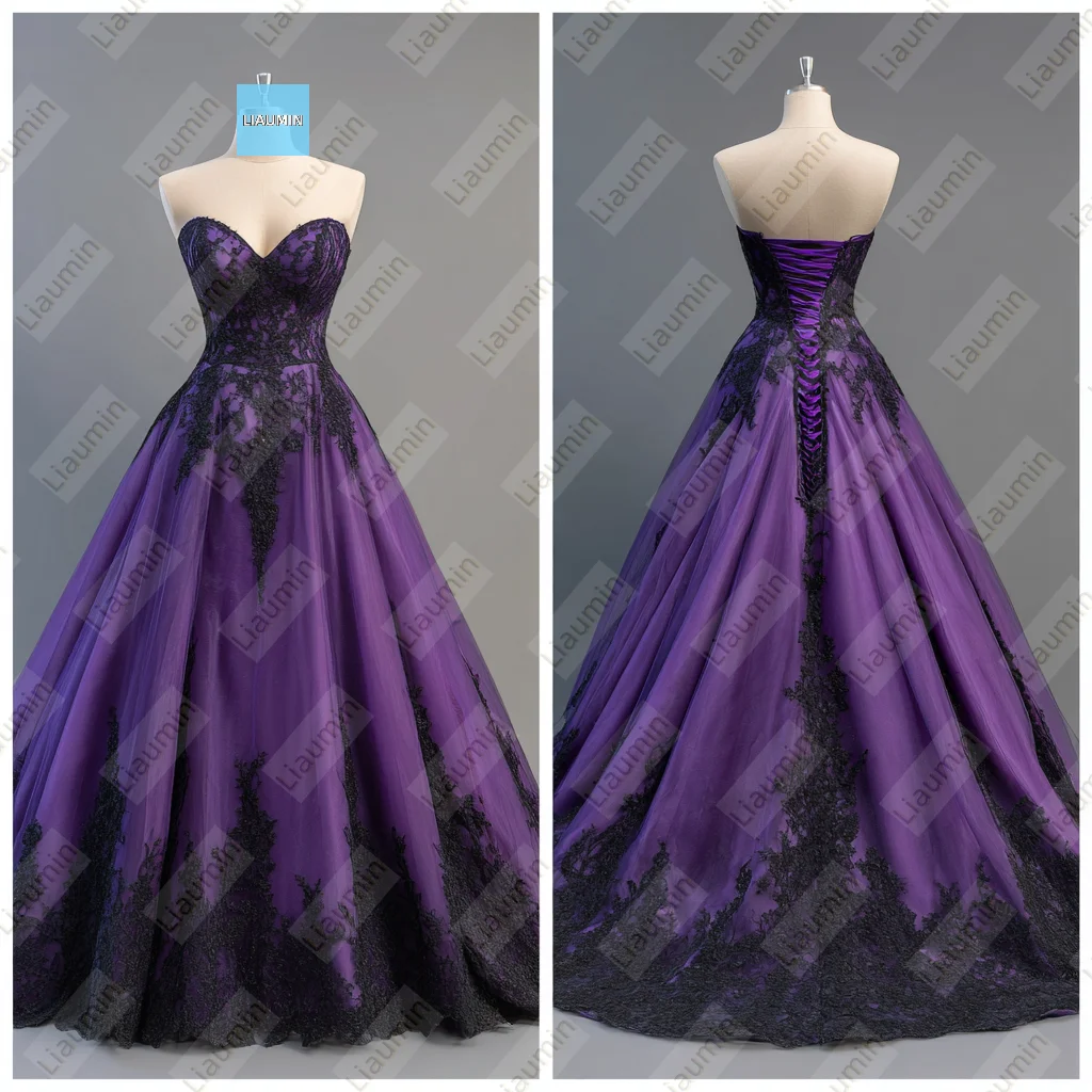 

Classic Purple Tulle Black Lace Applique Strapless Evening Prom Wedding Formal Dress Lace-up Back Customized Hand Made A7-1.71