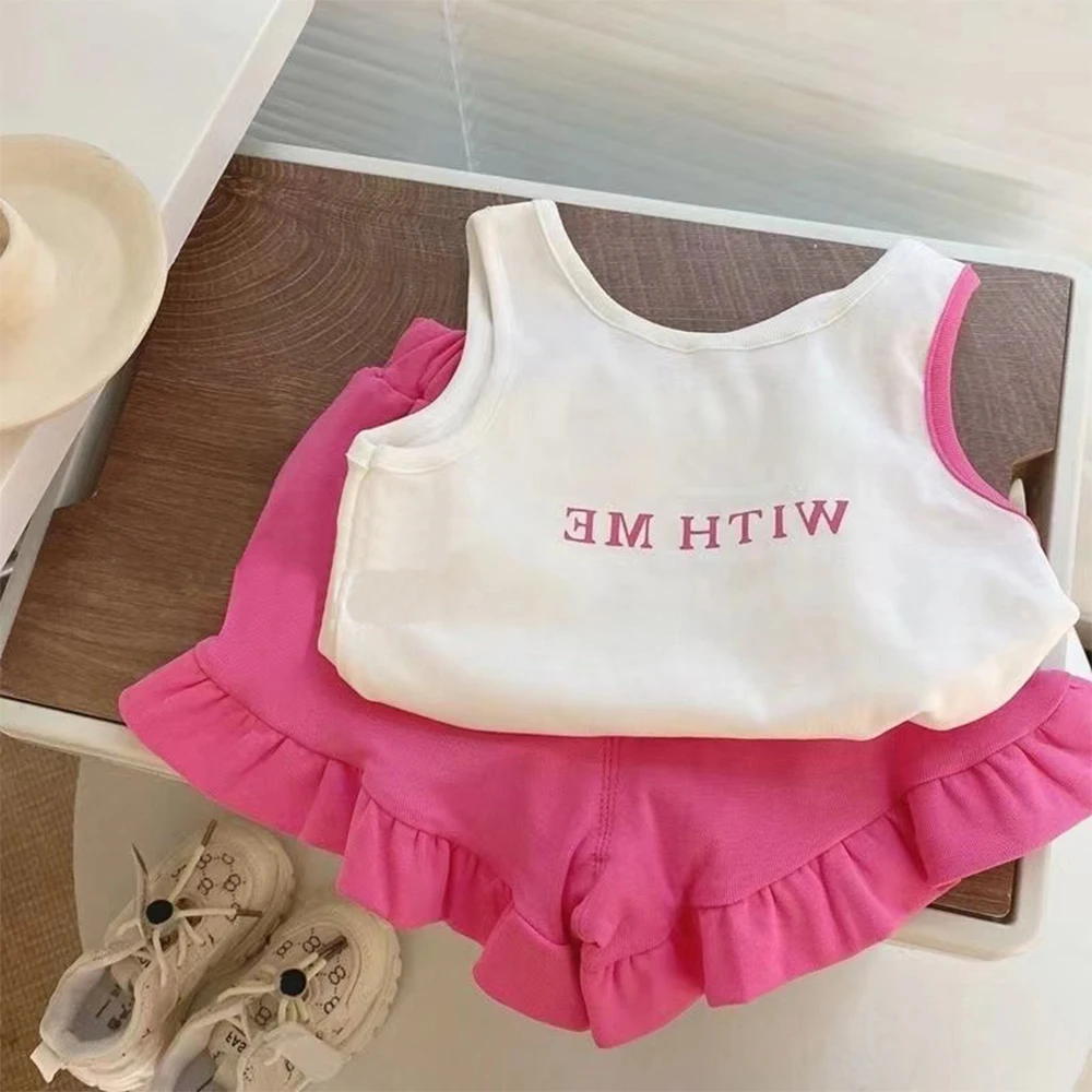 

Korea New Girls Baby Summer Clothing Set Printed Tees Vest+shorts Fashion Kids Children Casual 2pieces Clothes Suits for Girls