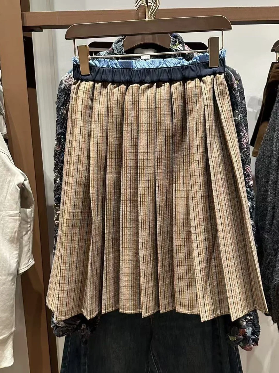 SHUR2025 Autumn New Women's College Style Age-Defying Color Block Waist Design Vintage Plaid A-Line Half Skirt