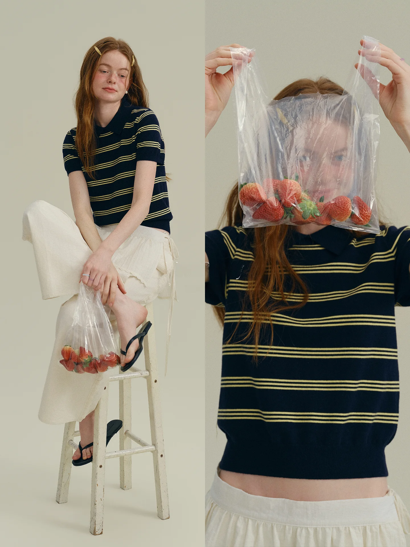 

Rina Berry Casual Style Thin Short Sleeve Neck Striped Knitted Sweater Comfortable Breathable Women's Fashion Spring Wear