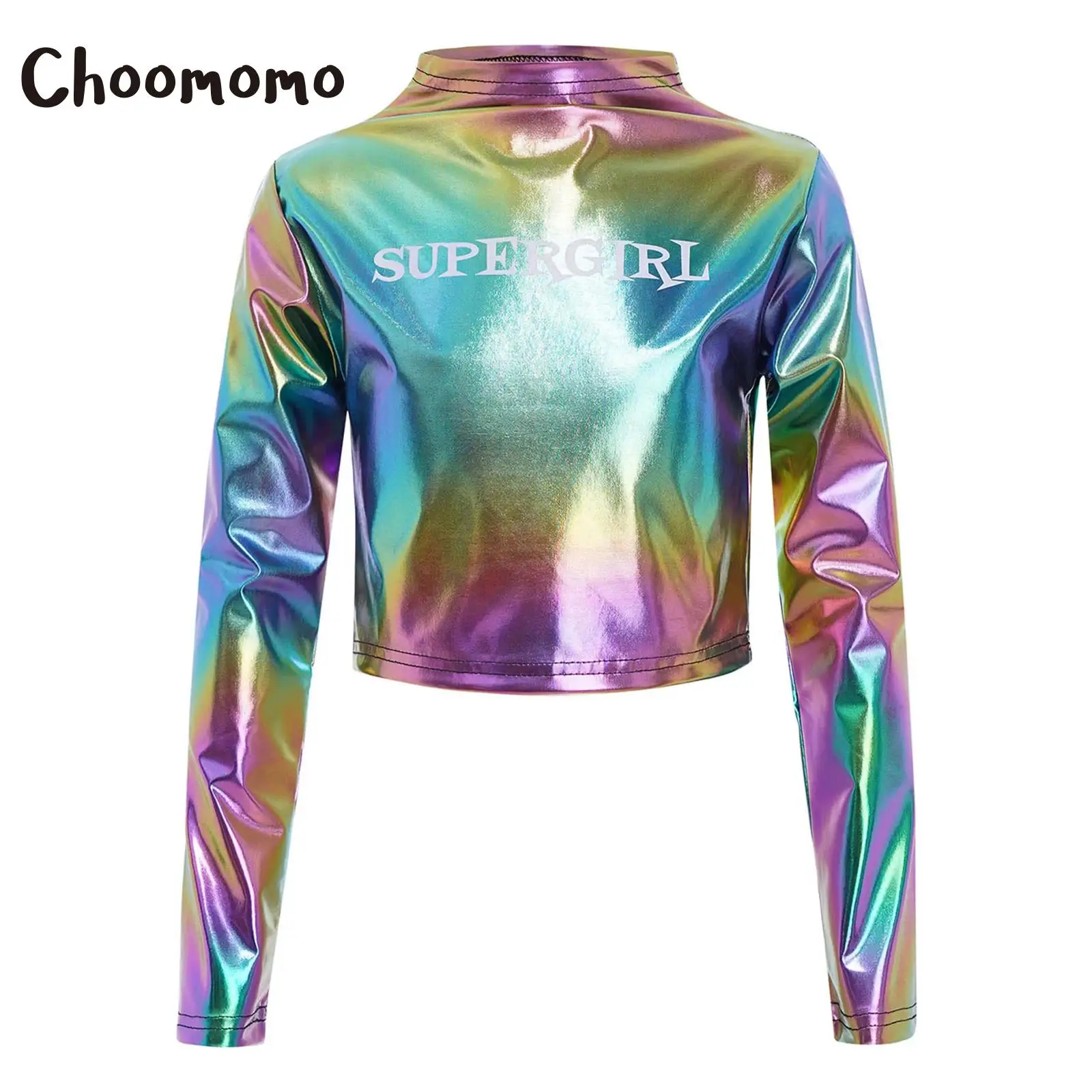 

Kids Girls Hip Hop Jazz Dance Tops Crew Neck Long Sleeves Letter Printed Metallic Crop Top for Jazz Dance Streetwear Party Show