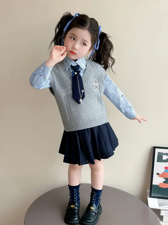 

Girls' Preppy Knitted Vest irt Tee-Piece Set Casual Knot School orm Sle Spring Collection Children's Wear