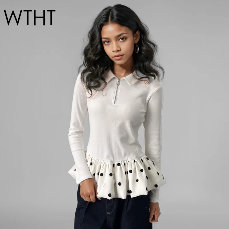 WTHT Fashion Women's Patchwork Wrinkled Edge Polka Dot Design Pullovers 2025 Spring Lapel Long Sleeves Zipper Tops Female 1LS719