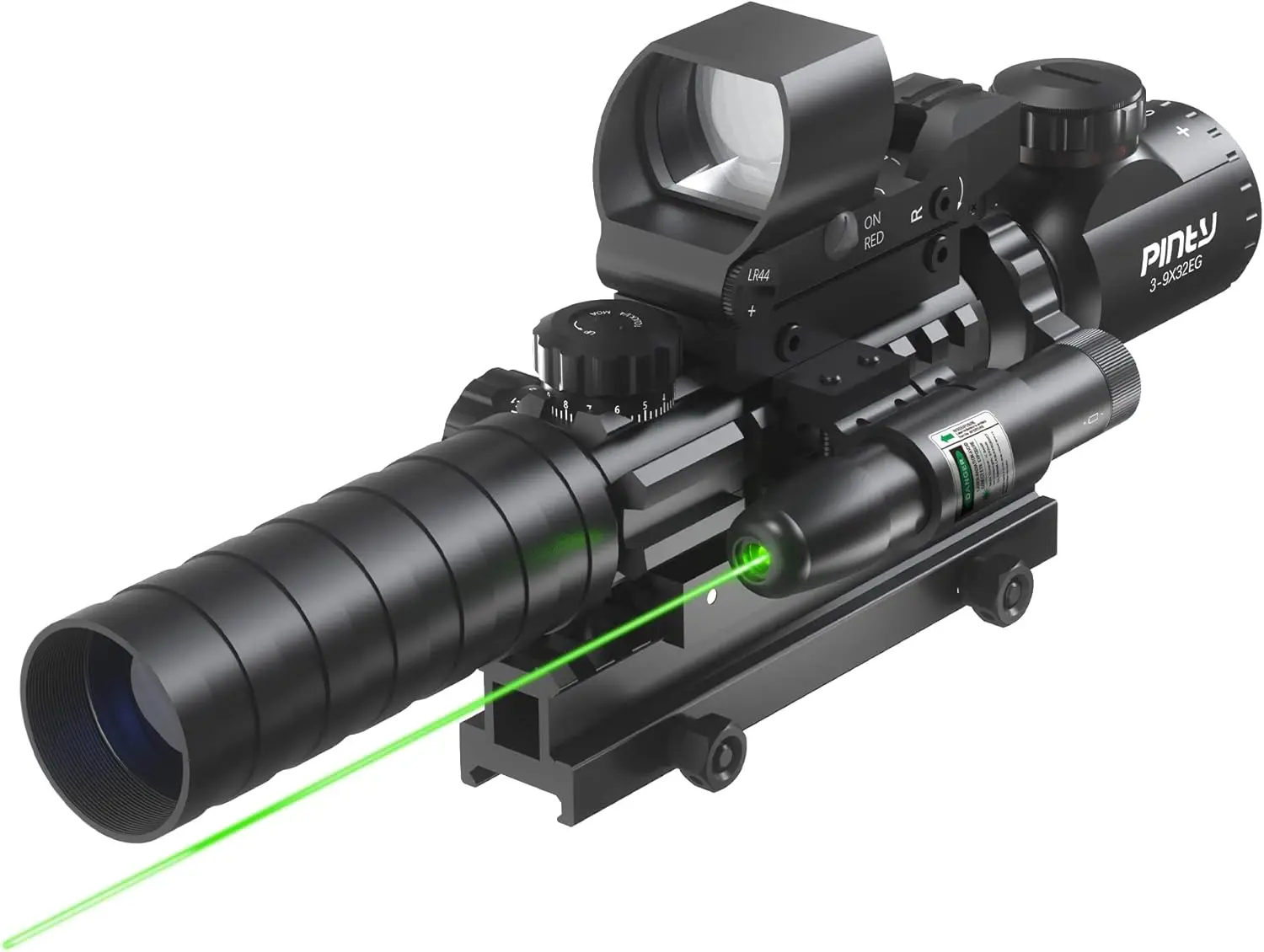 4-in-1 Rifle Scope Combo, 3-9x32 Rangefinder Scope, Red & Green Dot Sight, Laser, and 14 Slots Riser