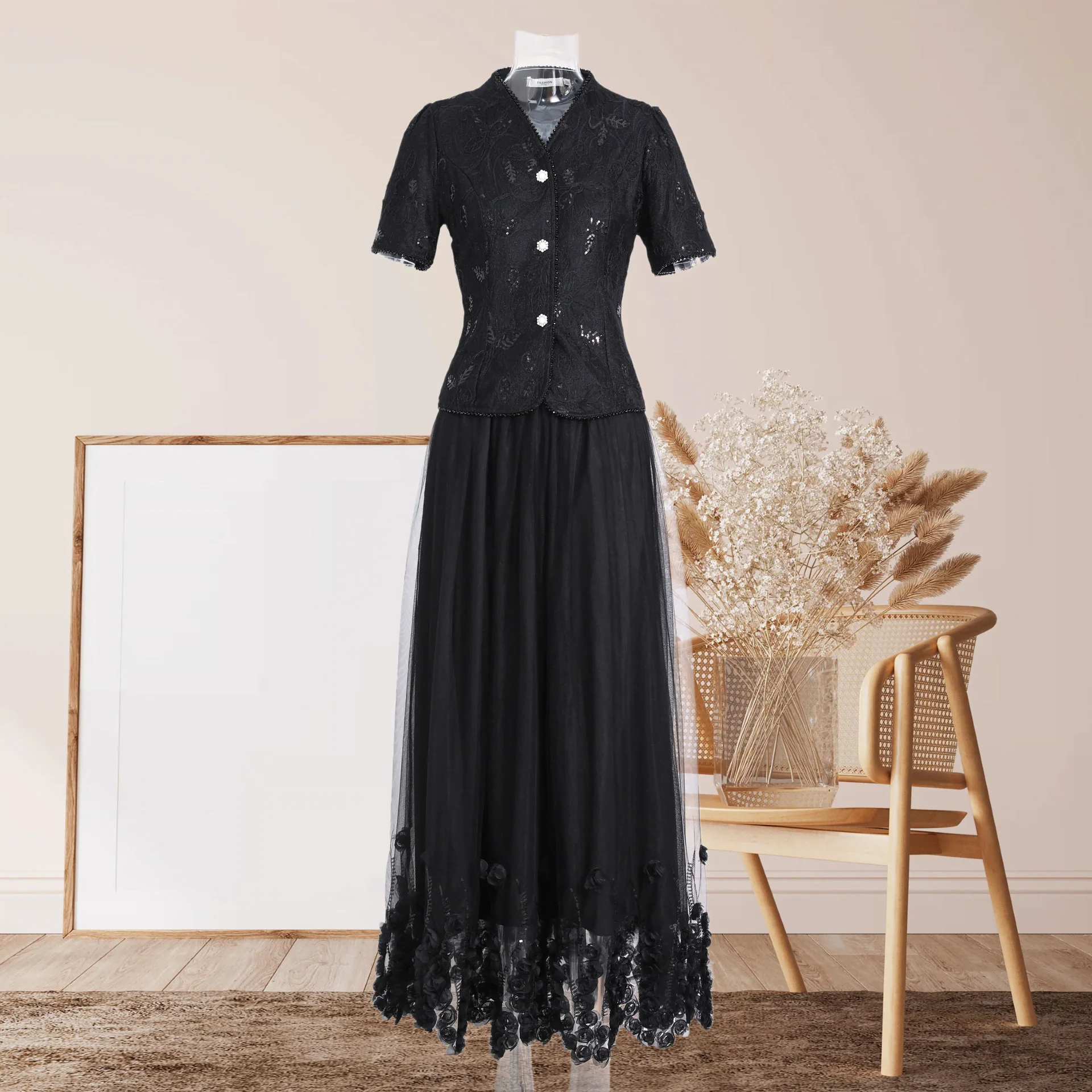 

Black Sequin Jacket Tulle Skirt 2 Piece Set Women V-Neck Floral Lace Evening Party Mother of Bride Formal Long Dress Outfit