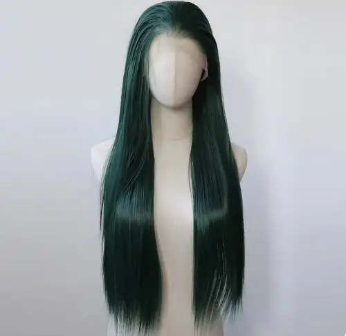 Dark Green Synthetic Lace Front Wig Long Straight Lace Front Synthetic Wig Pre Plucked Heat Resistant Hair Daily Wear Cosplay