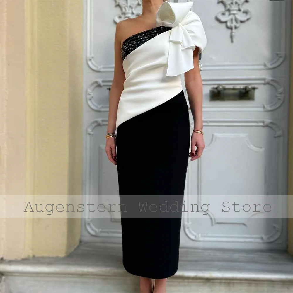 Fashion Wedding Guest Dresses Jersey Sheath/Column Bridal Dress Black and Ivory One-shoulder Bow Rhinestone Ruched Wedding Dress