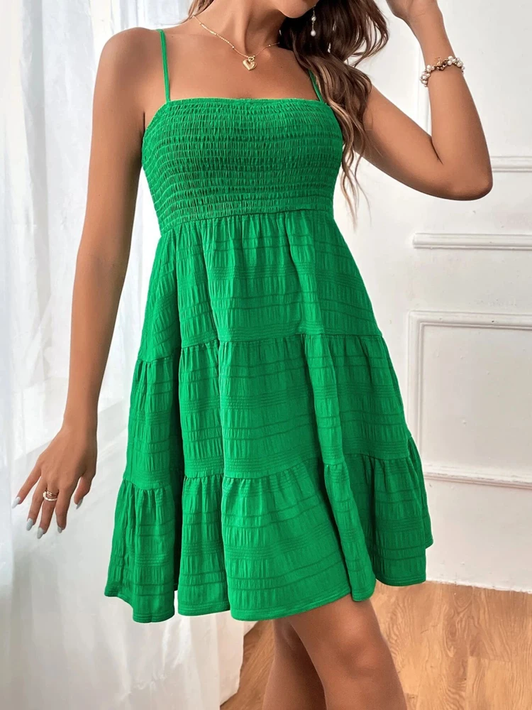 Mini abito casual senza maniche con volant da donna Boho Solid Beach Holiday Sundress Summer Fashion Chic Abito sexy con cinturino a fessura Donna