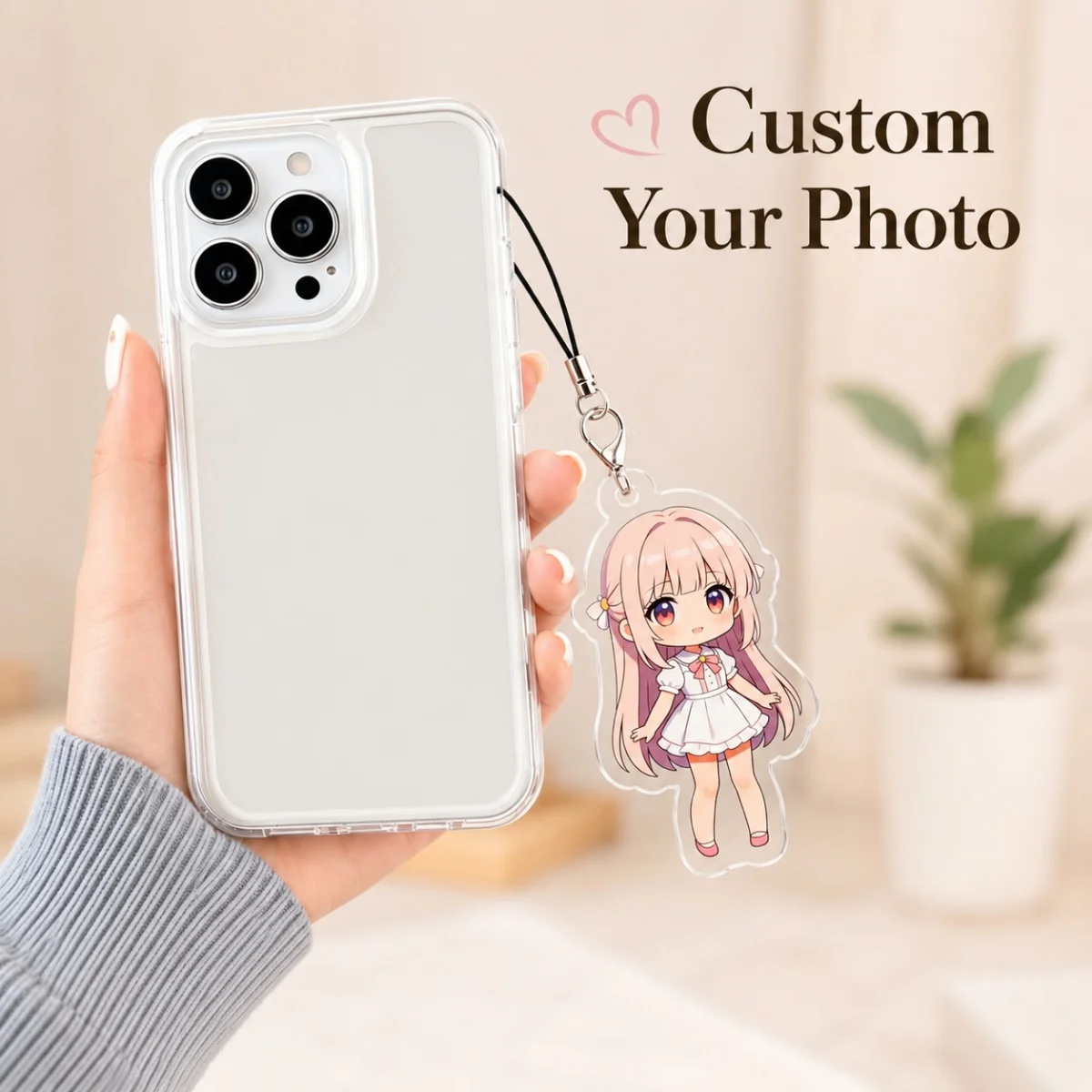 Custom Photo Acrylic Phone Charm—Personalized, Family Portrait, or Pet-Themed; a Personalized Accessory.