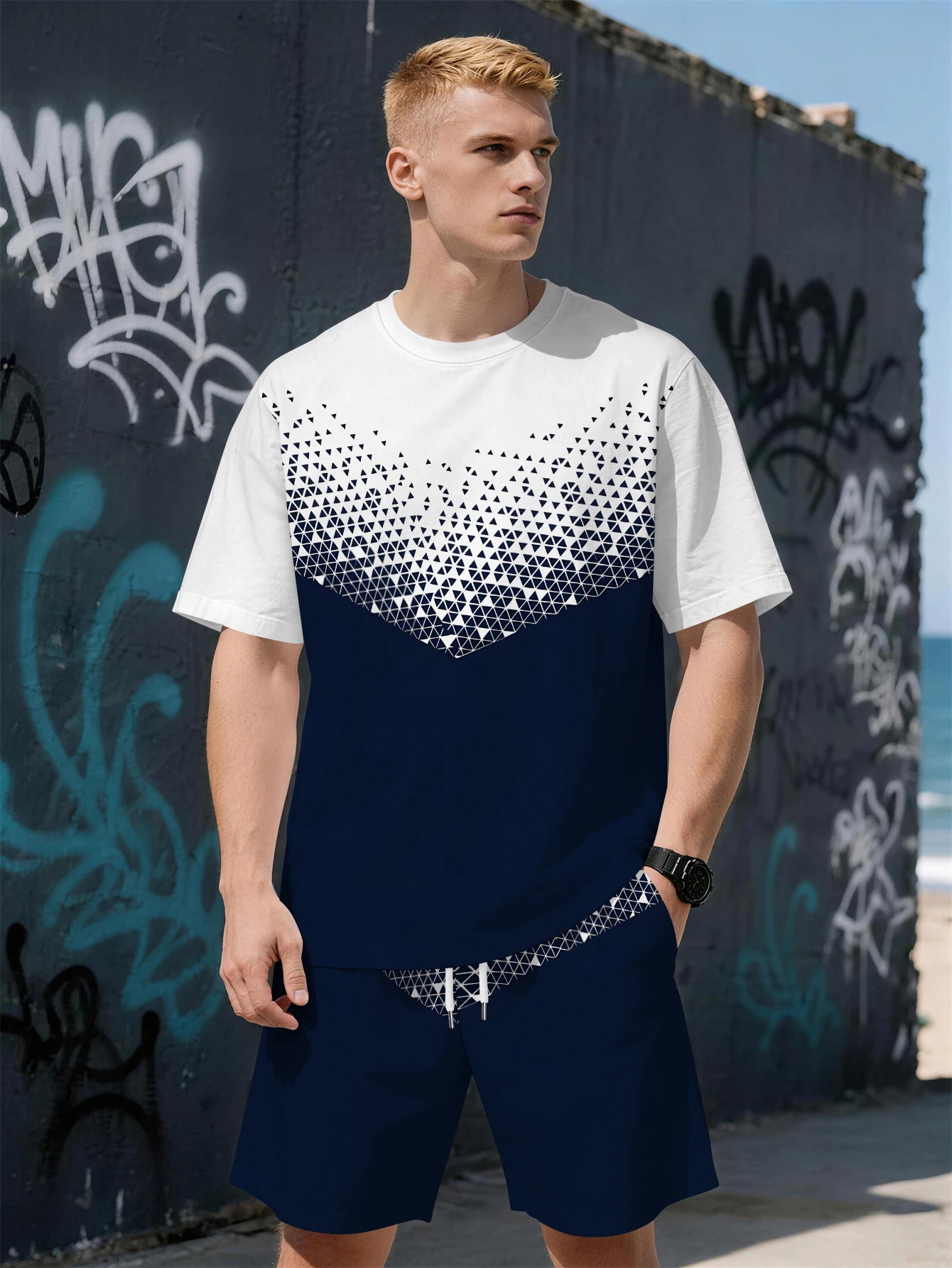 

2026 Summer New Men's Short-Sleeved Set with 3D Patchwork Pattern Print - Fashionable Street Style Comfortable Lightweight Soft