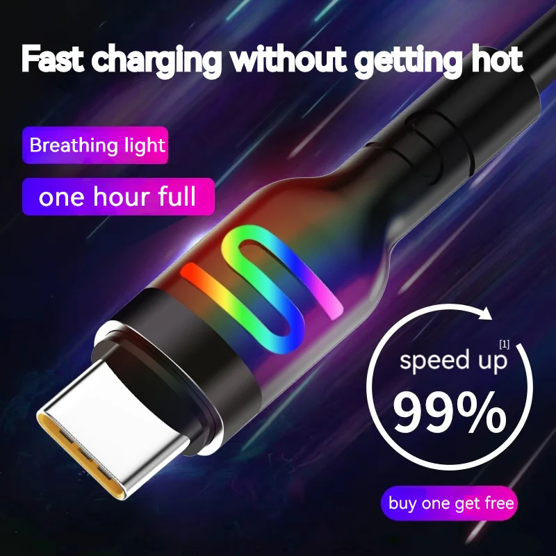 Type-C Data Cable Fast Charging with LED Light Flash Charging 5A Universal for Huawei Samsung Xiaomi Mobile Phone Charging Cable