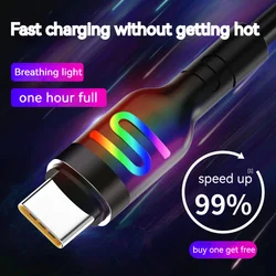 Type-C Data Cable Fast Charging with LED Light Flash Charging 5A Universal for Huawei Samsung Xiaomi Mobile Phone Charging Cable