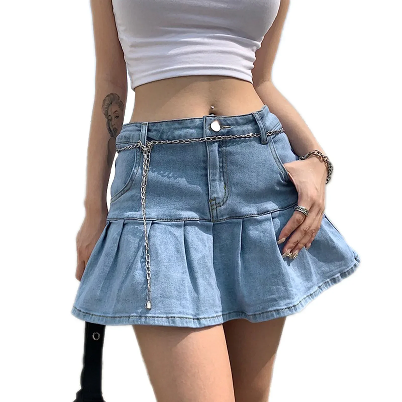 Frauen Kurzer Rock Denim A-Linie Schlanke Röcke Fit Sexy Plissee Feste Beiläufige Regelmäßige Elegante Splice Hohe Taille Shorts 2023 Neue