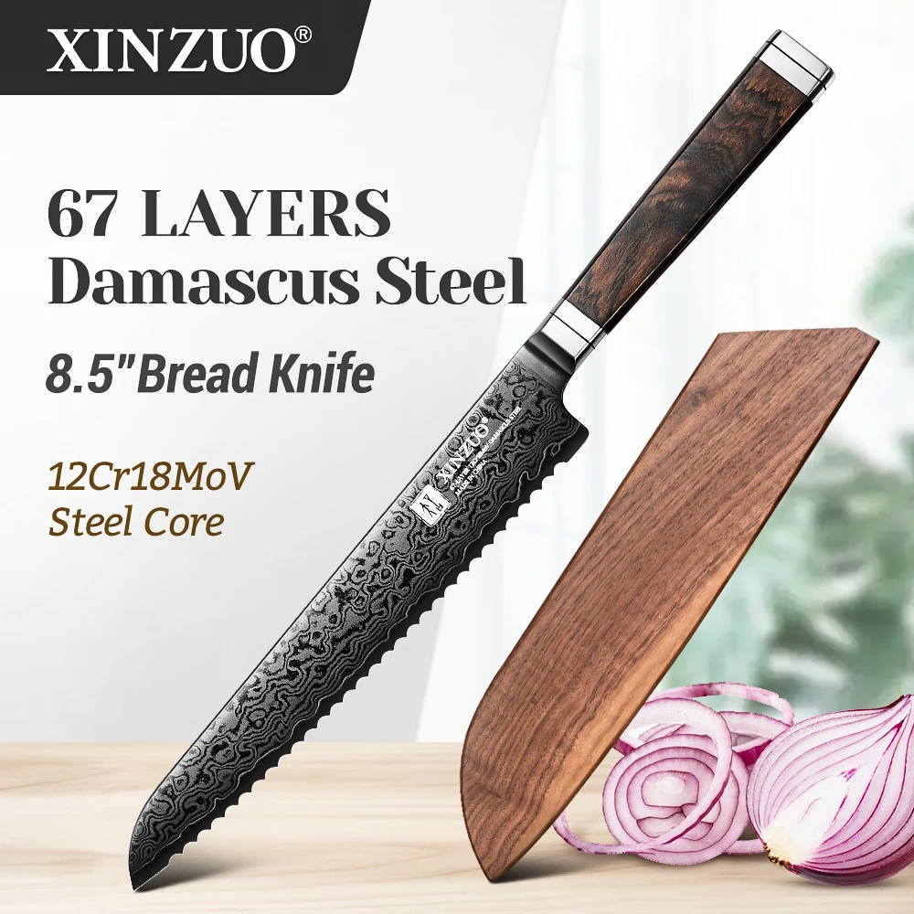 

XINZUO 8.5‘’ Bread Knife 67 Layers Damascus Steel Ebony Wood + G10 Handle Cutting Bread Daily Kitchen Cooking With Gift Box