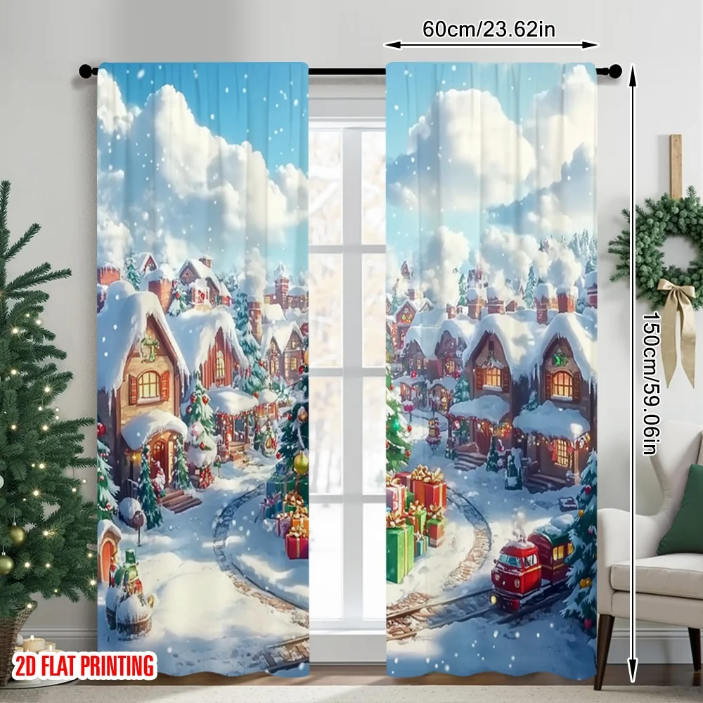 2 قطعة 2D الطباعة المسطحة عيد ميلاد سعيد الستائر الشتاء العجائب شجرة عيد الميلاد المشهد الرقمية المطبوعة البوليستر الستائر الأسرة #2