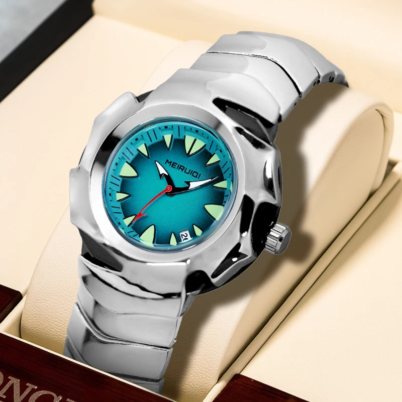 Eine Herrenuhr mit silbernem Armband und einem Zifferblatt mit Datumsanzeige, eine coole, wunderschöne, modische Quarzuhr für Business, Freizeit und als Geschenk.