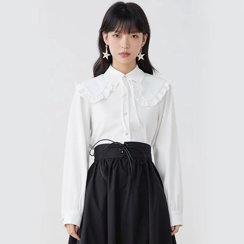 Women Vintage Sweet Korean White Shirts Lace Up Peter Pan Collar Blouses Spring Summer Elegant Office Lady Work Long Sleeve Tops