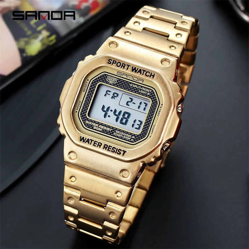 SANDA 390 2023 Hot Sell Digital Watch Luxury Multifunctional Men Clock Large Square Luminous Dial Steel Band Relogio Masculino