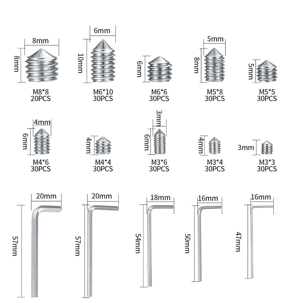 290pcs 304 Stainless Steel Hexagon Socket Screws Headless Stop Set Machine Screws with 5 Wrench Pointed Head Machine Rice Screw