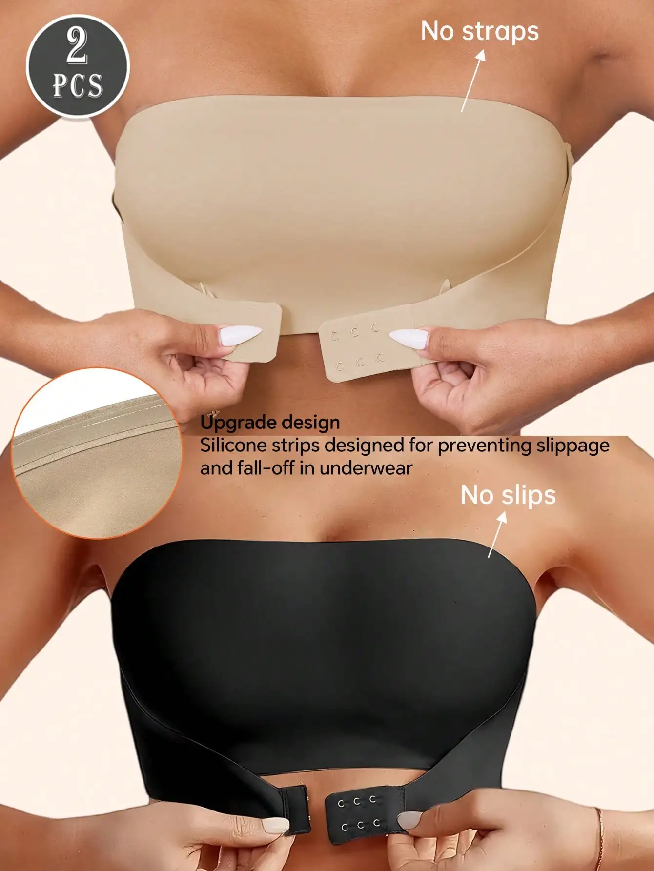 

2pcs Strapless Push Up Bra with Silicone Strips, No Slips Wireless Bandeau for Wedding & Special Occasions