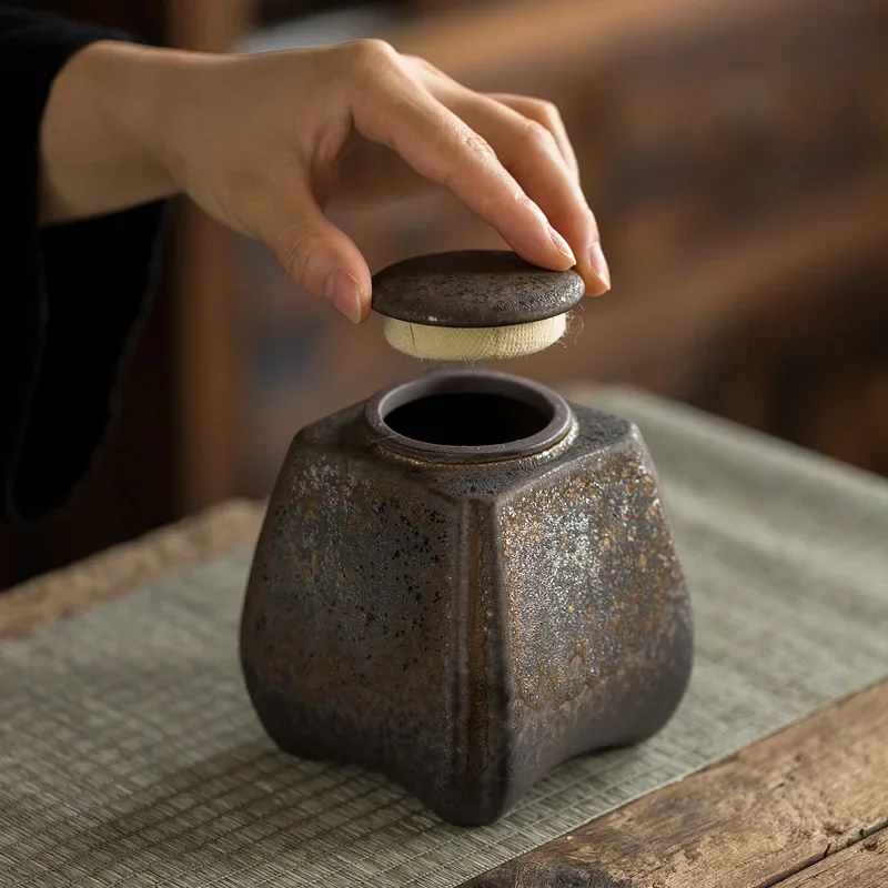Japanese Style Coarse Pottery Retro Tea Jar Household Ceramic Sealed Can Moisture-Proof Storage Jar Tea Storage Tea Box Tea Tin