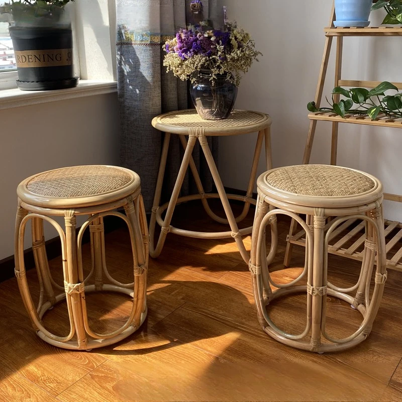 Handwoven Natural Rattan Drum Ottoman Stool, Boho Style Accent Seat with Raw Finish, Versatile Footrest for Entryway Living Room
