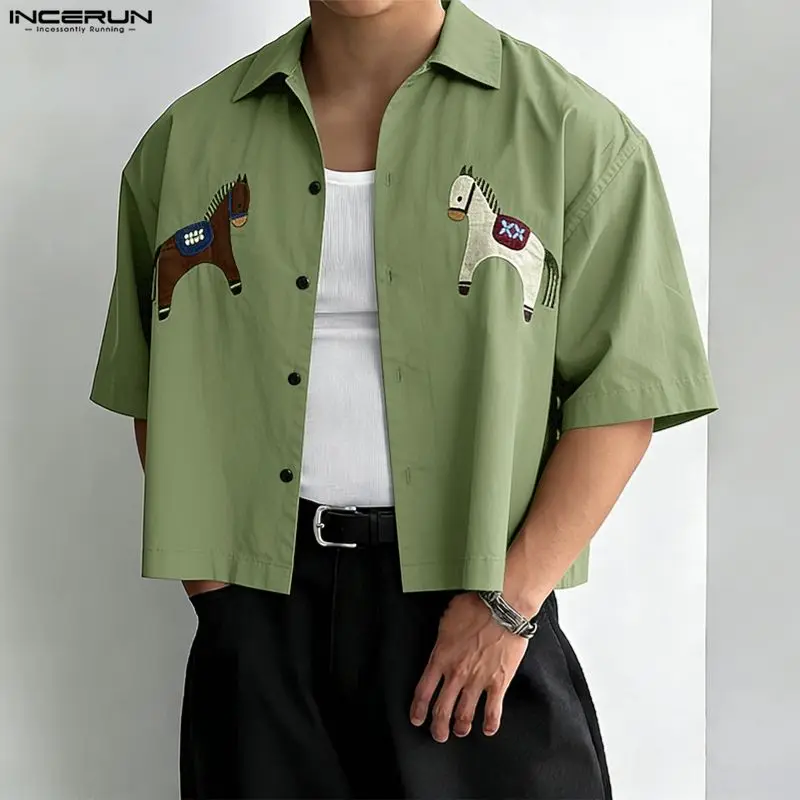 

INCERUN Men's Shirt Printing Lapel Short Sleeve Button Men Clothes Summer Streetwear Loose 2026 Fashion Casual Crop Tops For Man