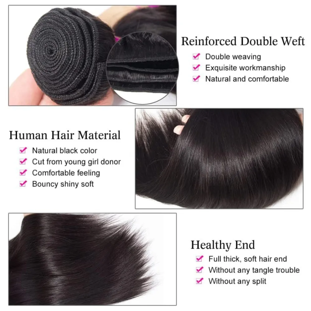 Mèches Brésiliennes Naturelles Lisses avec Closure, Extensions de Cheveux Noirs Naturels, 13x4, 30 Pouces, Lot de 3