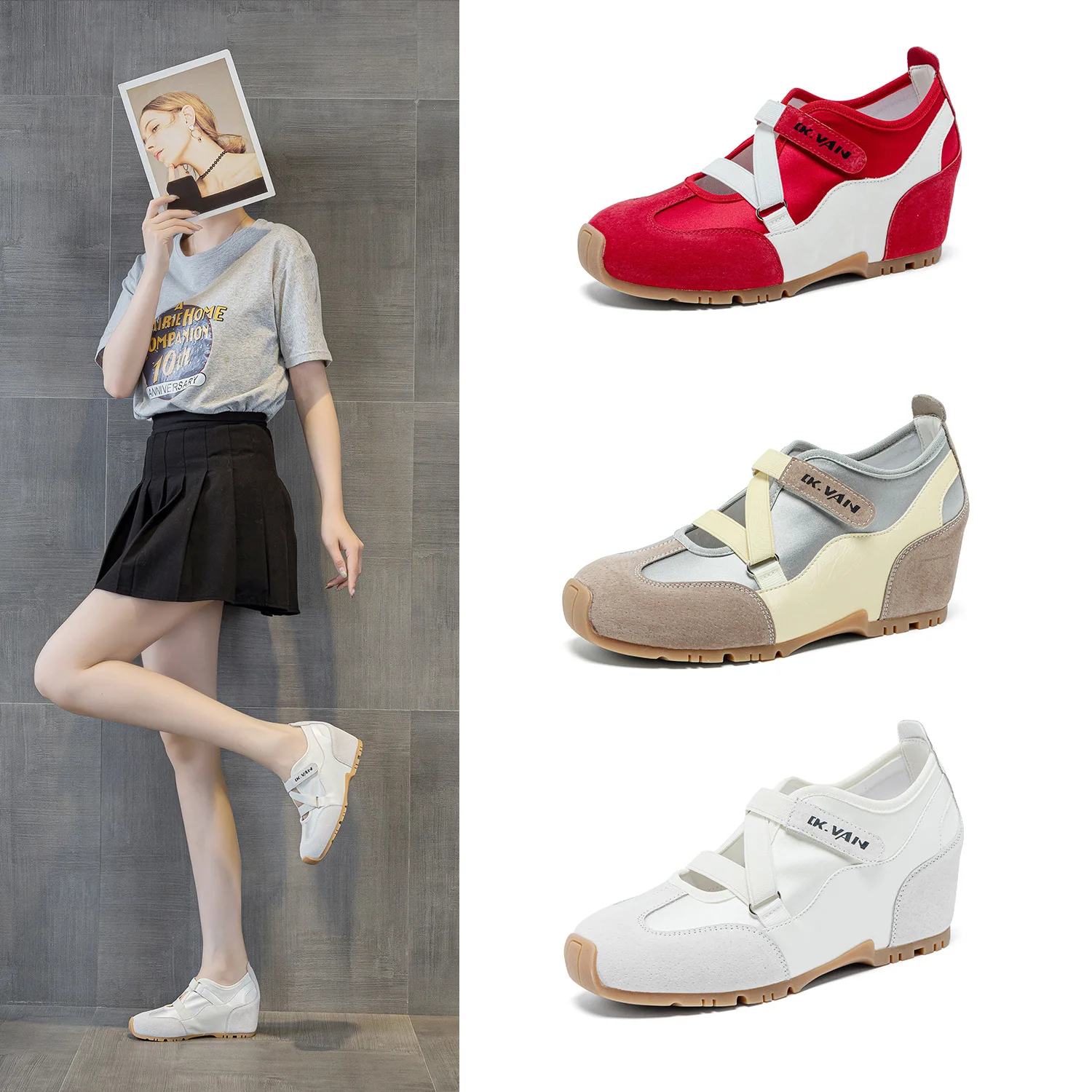 

6cm Height-increasing Shoes Women's Wedge Platform Mary Jane Sneakers T-Strap Casual Walking Shoes Non Slip Soft Sole