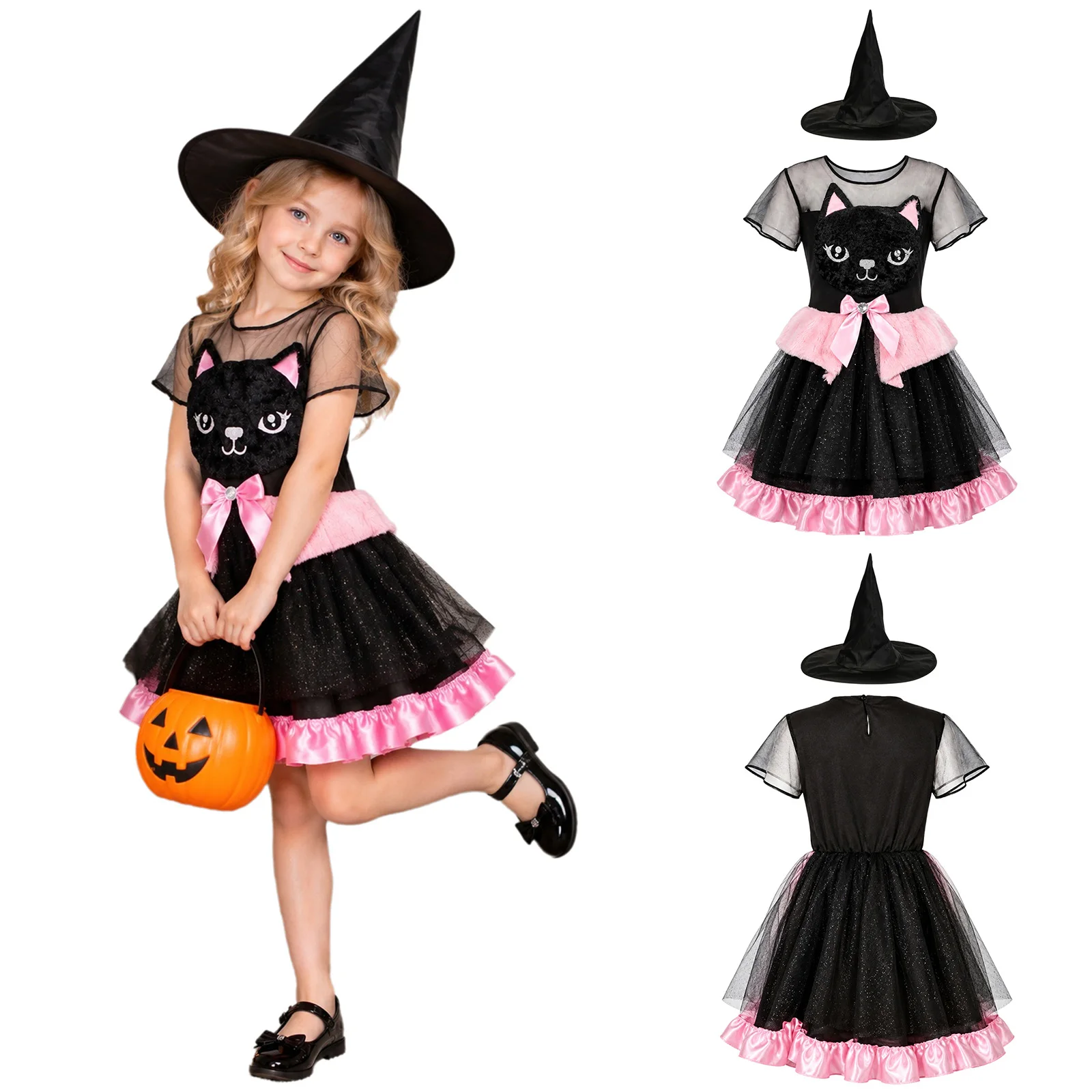 Kids Girls Cat Cosplay Costume Short Sleeve Layered Mesh Tulle Dress with Wizard Hat for Halloween Roleplay Party Fancy Dress Up