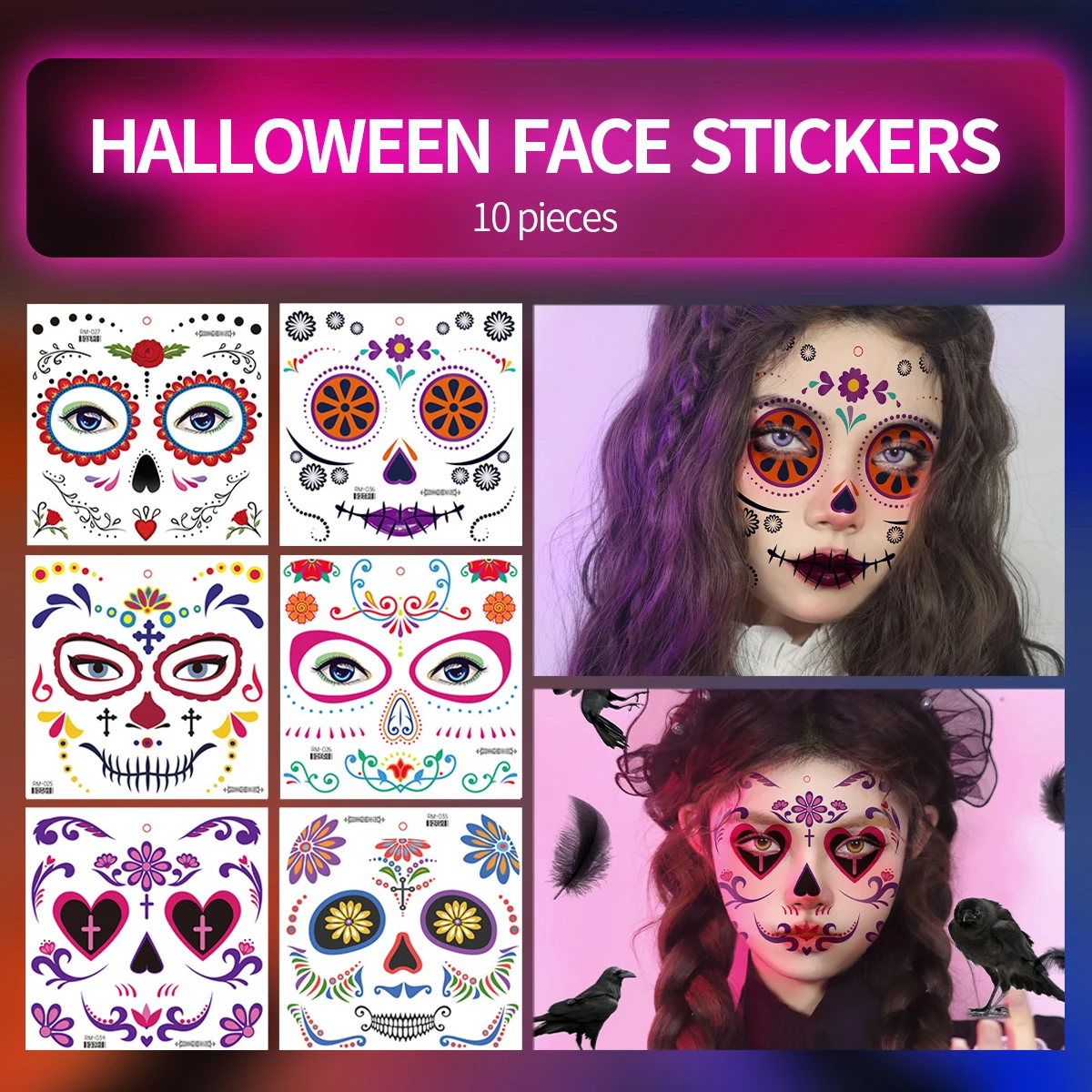 6pcs Halloween Facial Makeup Sticker Special Face Tattoo Day Of The Dead Skull Face Dress Up Halloween Temporary Tattoo Stickers