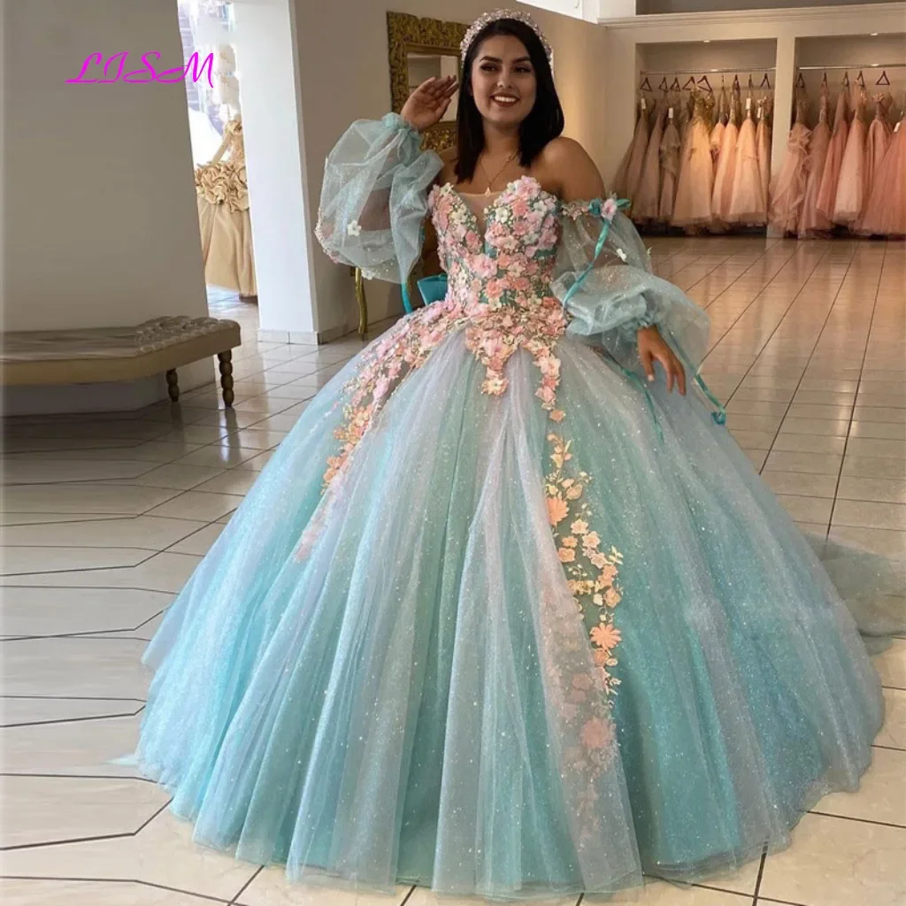 아이스 블루 볼 가운 Quinceanera 드레스 오프 어깨 긴 소매 코르셋 클로저 스윕 기차 아플리케 ballkleider prinzessin