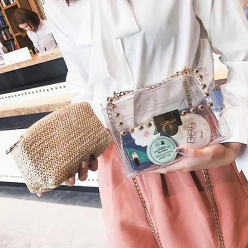 Bolsa de plástico de gelatina con monedero de paja, billetera de Superficie suave, bolso cruzado con cadena, bolsos transparentes con remache de