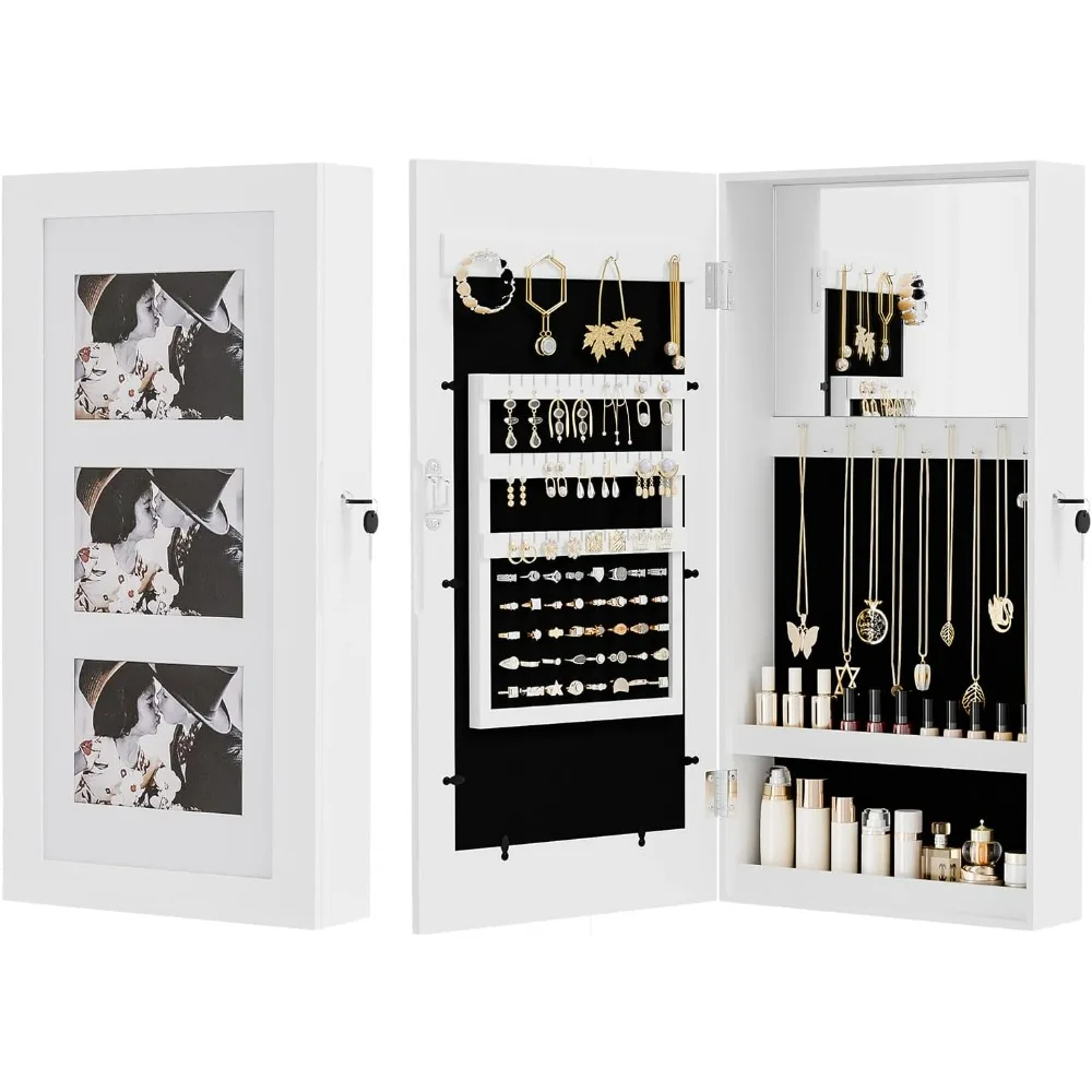 VINGLI Lockable Wall Mounted Jewelry Organizer 3-in-1 Frame Mirror Storage Cabinet Space Saving Gift