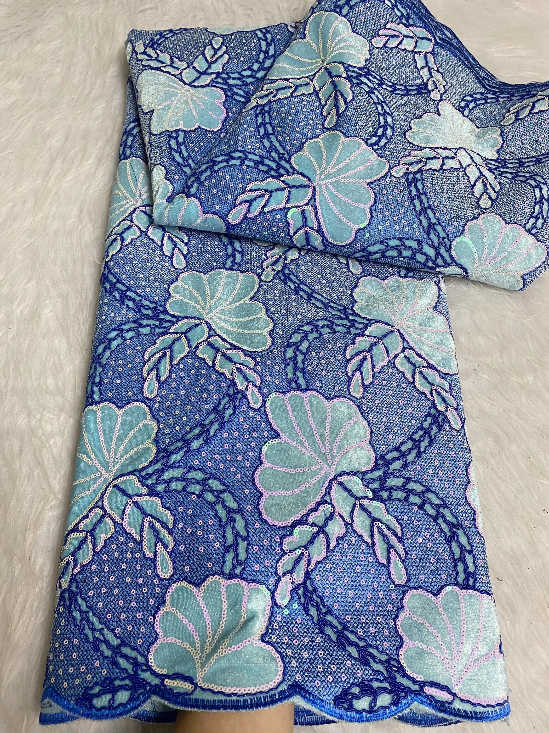 2024 High Quality African Nigerian With Tulle Sewing Lace Fabric Guipure Embroidery Dresses Sequins Beads Stone 5yards JH0046