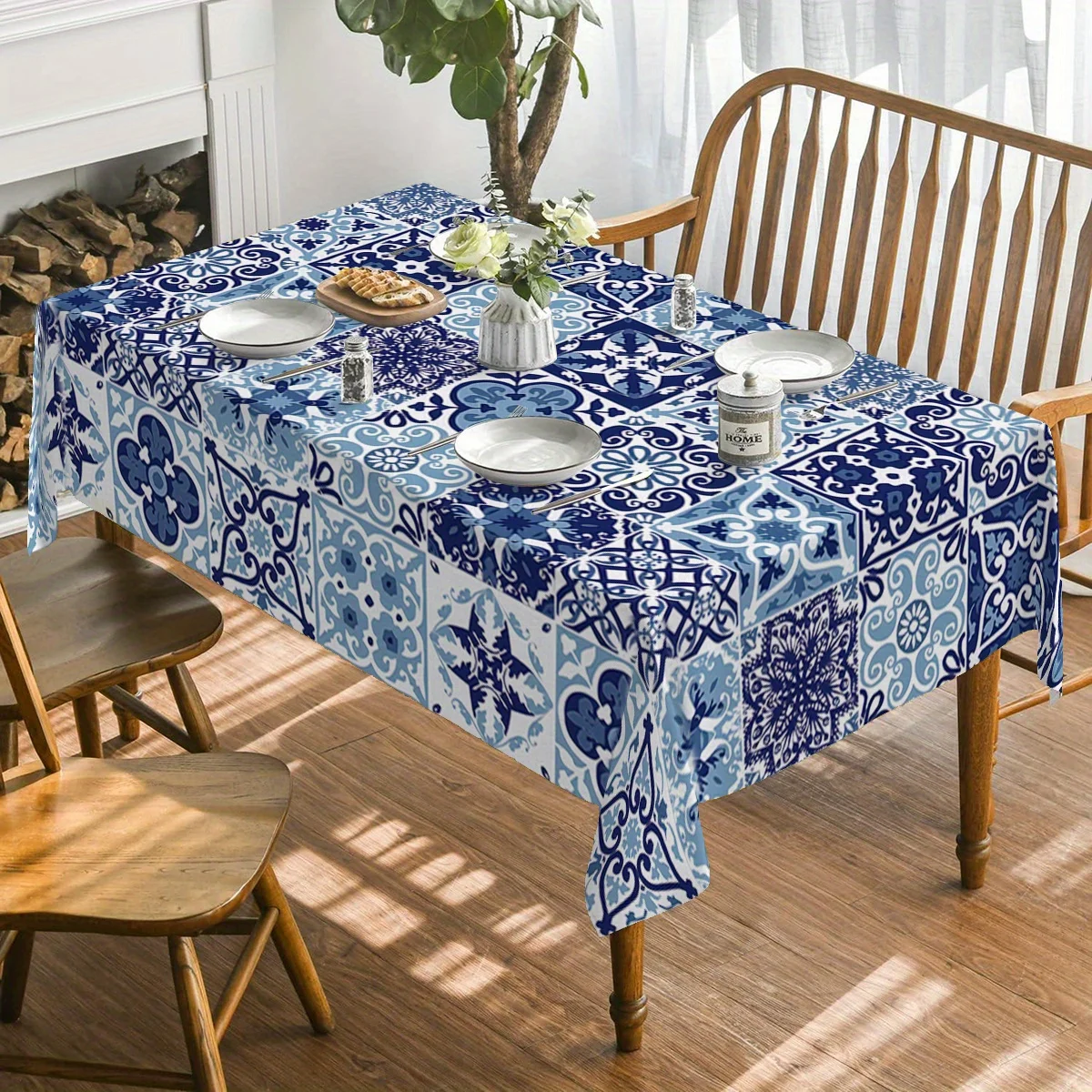 One piece of Bohemian blue floral tile pattern tablecloth - durable polyester rectangular table coverzyc
