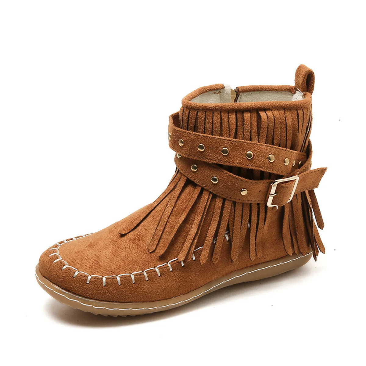 Women's Suede Boots Bohemian Style Tassels Ankle Boots Women's Retro Buckle Strap Short Boots 43 Size Flat Heels Western Botas39