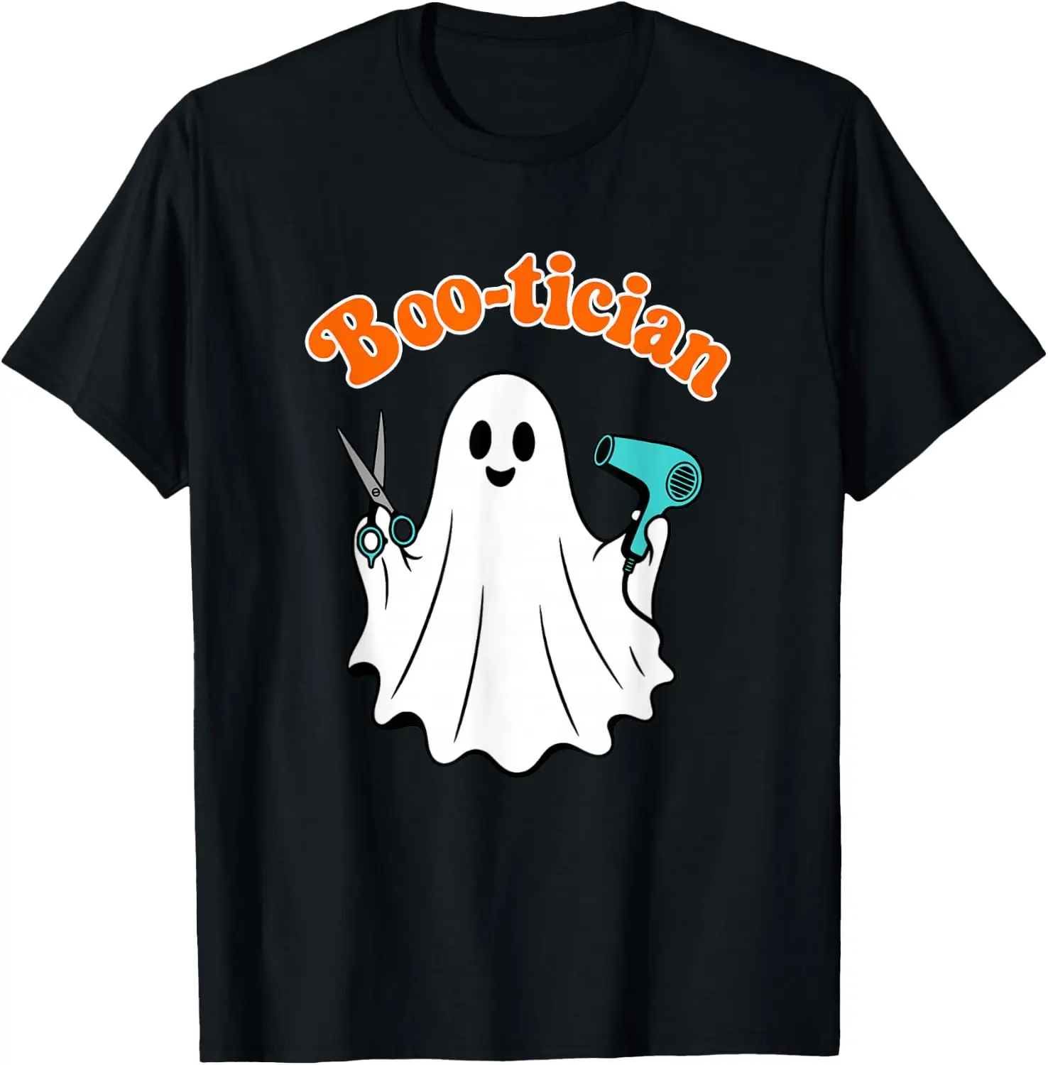 Boo-Tician Retro Hair Stylist Beautician Halloween T-Shirt Men Women Unisex Novelty Graphic T‑Shirt, Classic Crew Neck 100% Cotton Tee, Lightweight Anti‑Pilling Breathable Casual Tops, Year‑Round Daily Outfit, Holiday Birthday Present Tee
