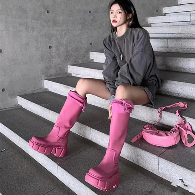 Platform Rain Boots Knee High Boots Round Toe Elastic Band Sleeve Slip-on Pink Black  designer Women\'s Spring Shoes