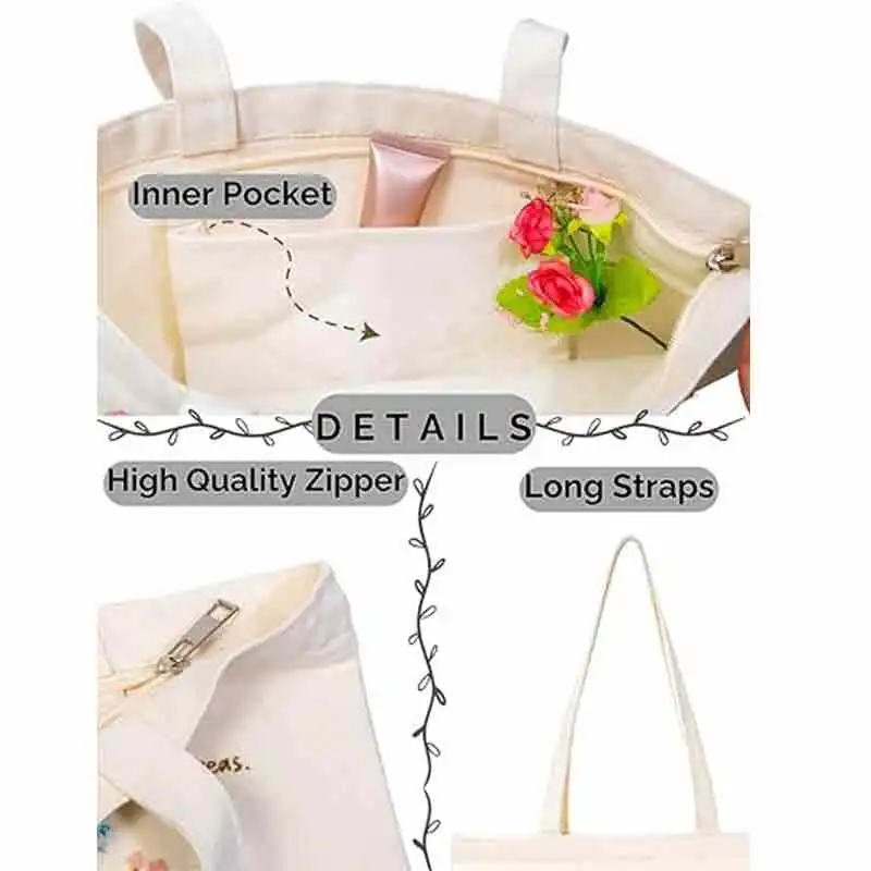 LXB02 Floral Canvas Tote Bags, Aesthetic Plant Canvas Bags with Zipper