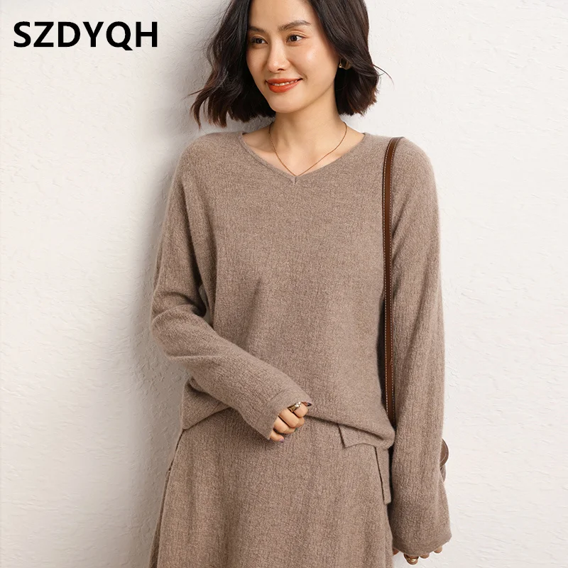 2023 Autumn Winter New 100% Cashmere Sweater Women\'s V-Neck Fashion Warm Sweaters Female Loose Large Size Knitted Pullover