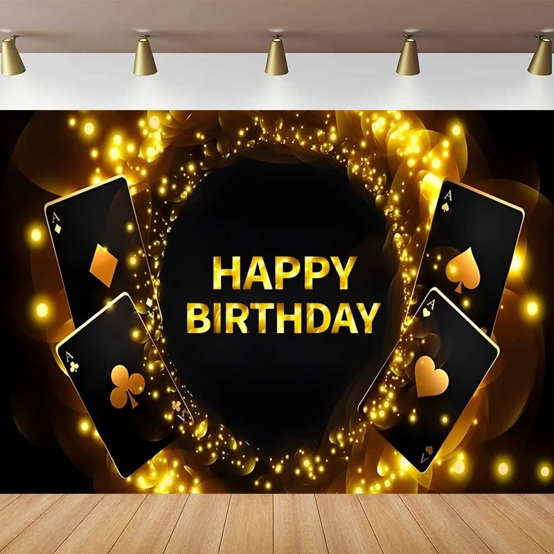 Photography Backdrop Casino Light Glitter Bokeh Poker Black and Gold for Men Happy Birthday Party Poster Background Banner