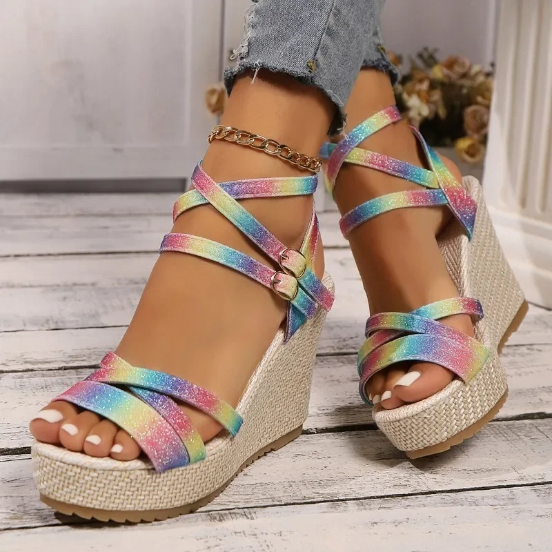 Summer Hot Selling Women's Shoes Fashion Color Matching Open Toe Wedge Heel Fabric One-line Buckle Women's High Heel Sandals